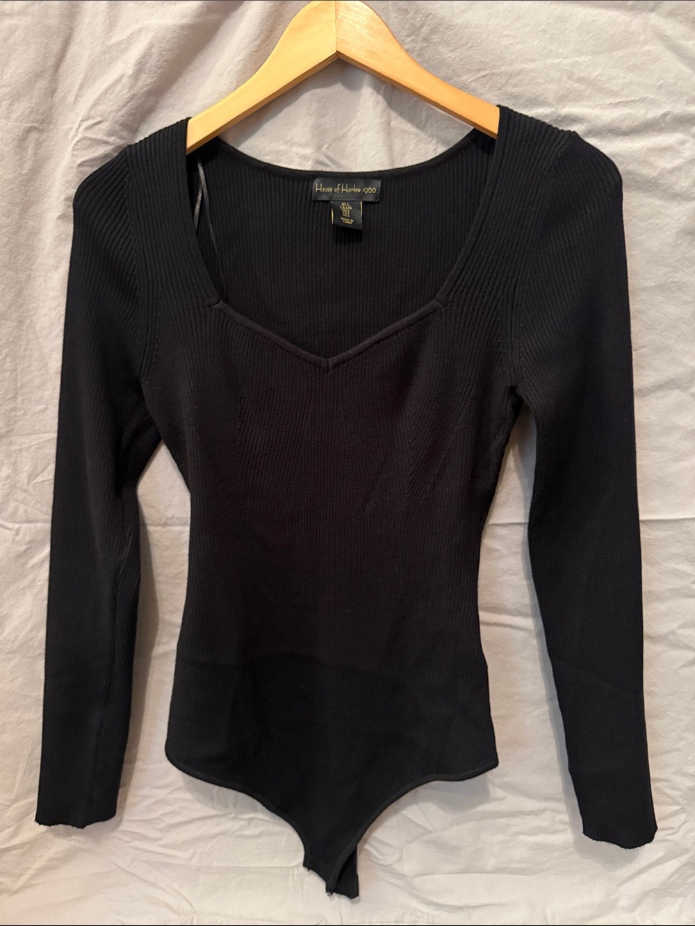 House of Harlow 1960 Black Ribbed Square-Neck Long Sleeve Bodysuit